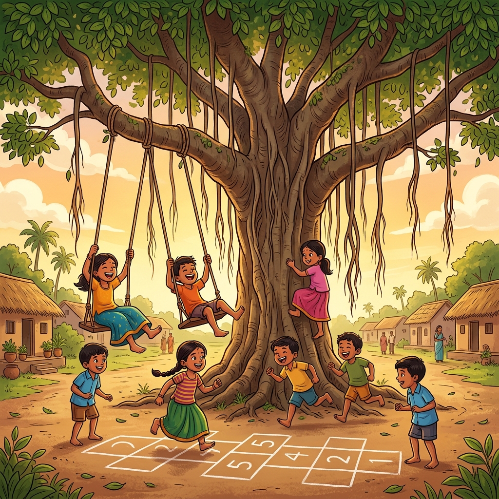South Indian children playing around a banyan tree
